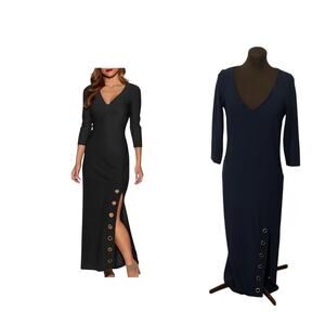 Boston Proper Beyond Travel Navy Blue Sheath V Neck Grommet Dress Size Small